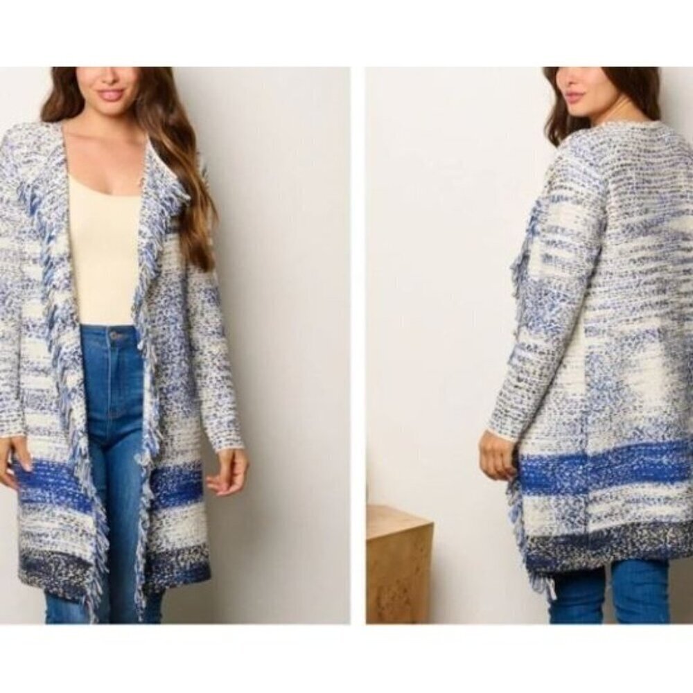Fate Anthropologie Cardigan Sweater Womens Large Blue Ivory Fringe Hem Boho